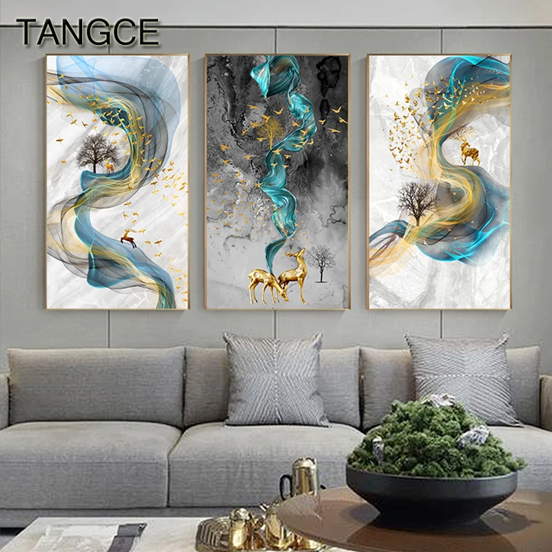 

Abstract Golden Deer Painting Tableaux Big Size Poster Blue Print Gold Wall Art Picture F Living Room Modern Cuadros Canvas Art