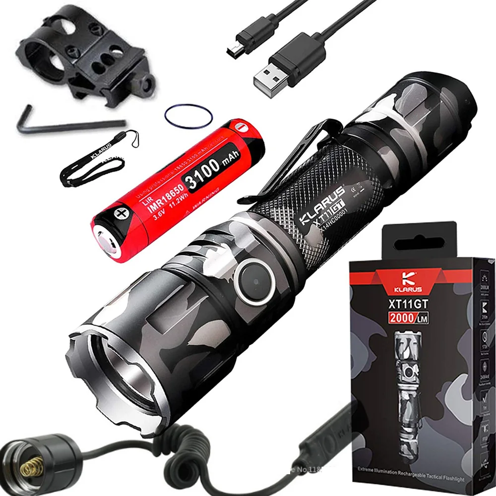 

Klarus XT11GT 2000 Lumens CREE XPH35 HD E4 LED Tactical USB Rechargeable Flashlight + Battery, Gun Mount,Switch TRS1(Urban Camo)