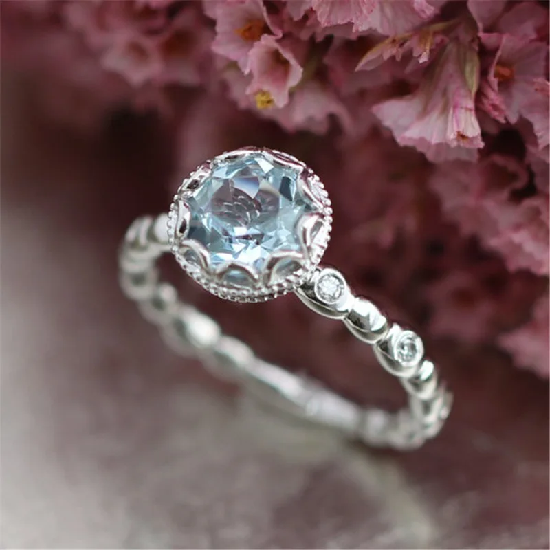 Персонализированные кристаллы обручальные кольца для женщин с AAA кубическим цирконием серебряного цвета палец аквамарин драгоценный камень серебро 925 кольцо
