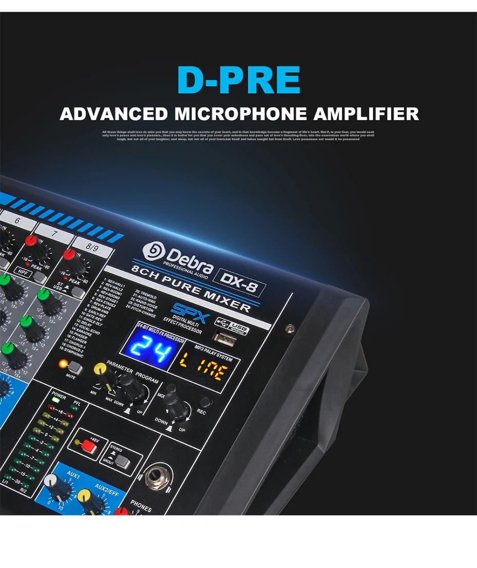 Дебра аудио MD-8 8-ми канальный аудио dj микшер контроллер звуковая карта с 24 DSP эффект, включающим в себя гарнитуру блютус и флеш-накопитель USB XLR Jack Aux Вход