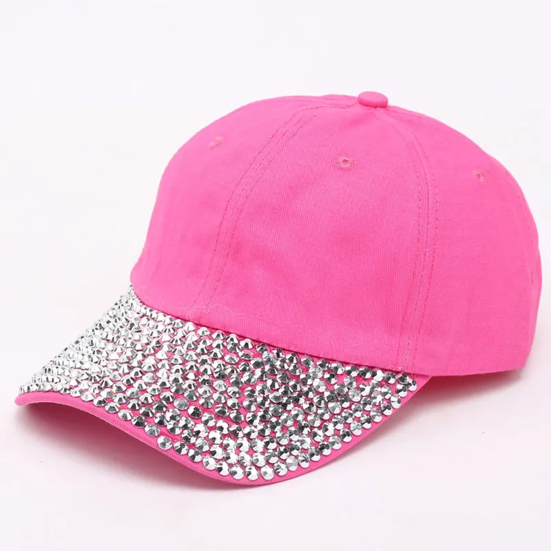 Fashion Street Style Bling Rhinestone Panel Pink Baseball Cap Hat Sun