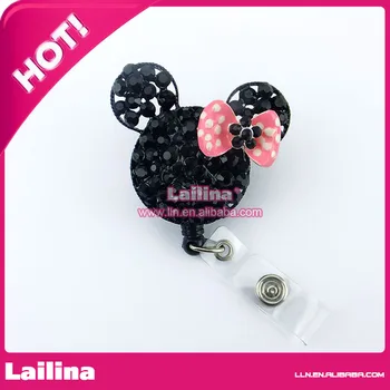 

50pcs/lot Free Shipping Multi-color Bow-knot and Black Crystal Rhinestone Retractable Badge Reel or ID Cards Holder