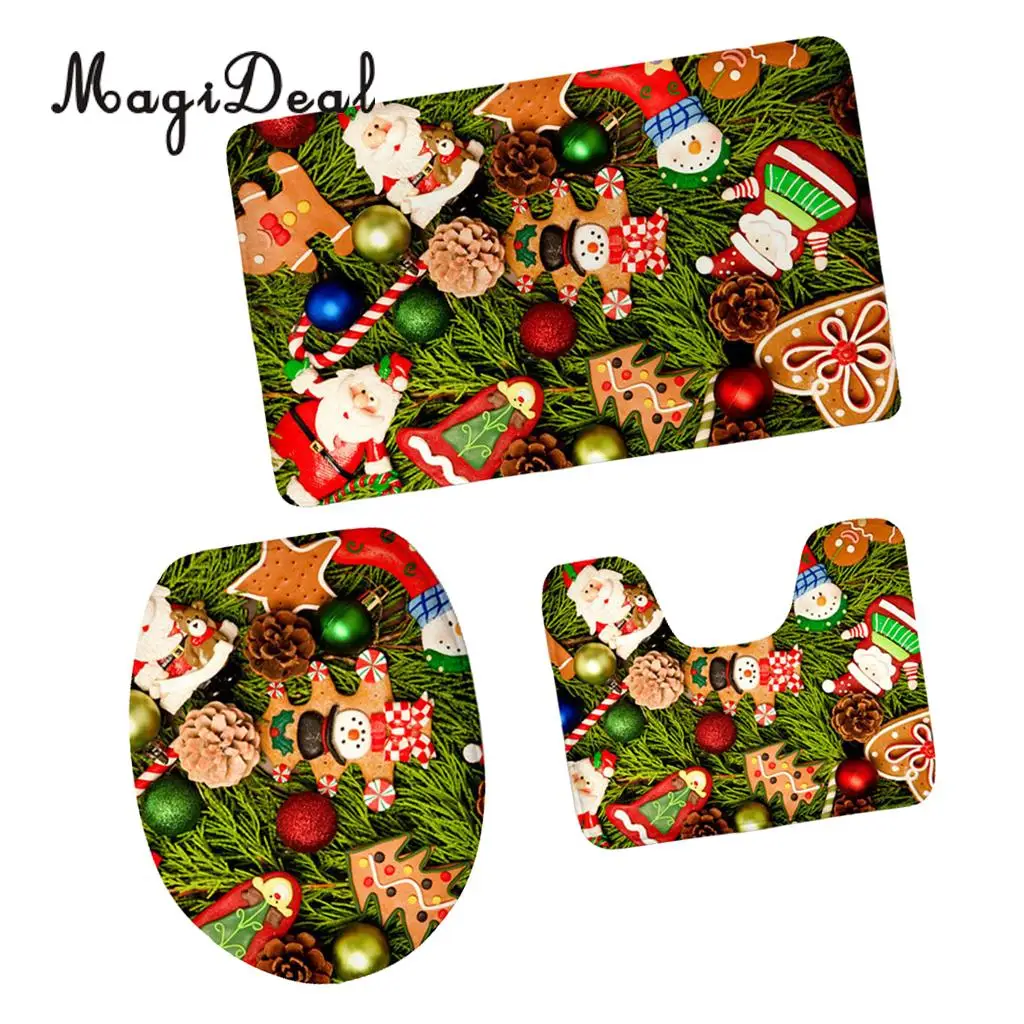 Non Slip Bath Rugs Set - Includes Bath Mat + Pedestal Rug + Toilet Lid Cover - Christmas Party Decoration Home Decor