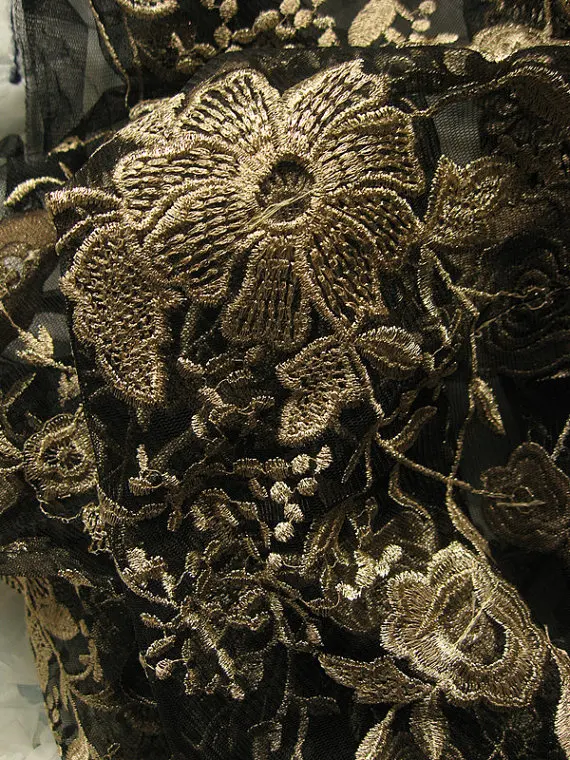 

2 yards Black Embroidered Lace Gauze Fabric, Retro Gold Florals lace fabric, Baroque lace fabric, ws1034
