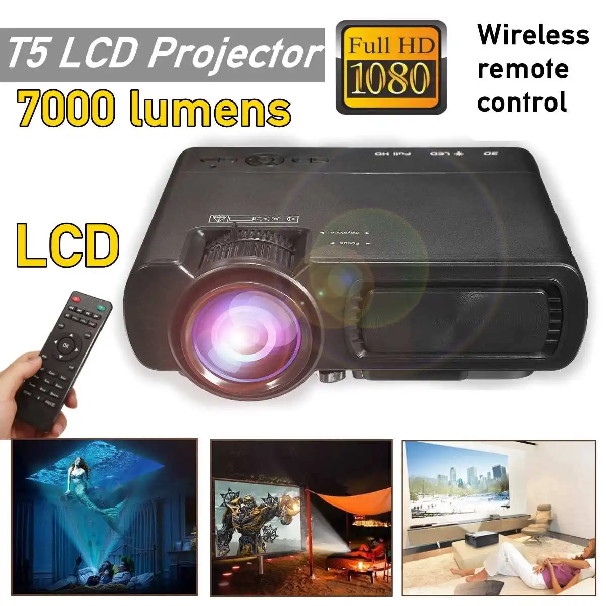 

CLAITE 2019 Newest 7000LM HD 1080P T5 LCD projector Beamer Proyector USB VGA HDMI AV TF For Home Theatre Movie