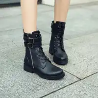 PXELENA Zipper Buckle Women Motorcycle Martin Boots Low Heels Punk Rock Gothic Military Combat Biker Riding Ankle Boots Female