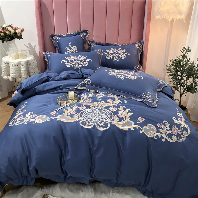 

New Luxury Gold Royal Embroidery 60S Egyptian Cotton Bedding Set Blue Pink Purple Green Duvet Cover Bed sheet/Linen Pillowcases