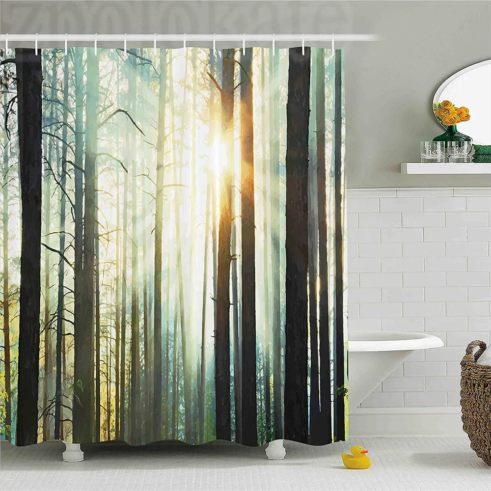 Nature Shower Curtain, Fairy Foggy Forest Mist in the Woods Enchanted