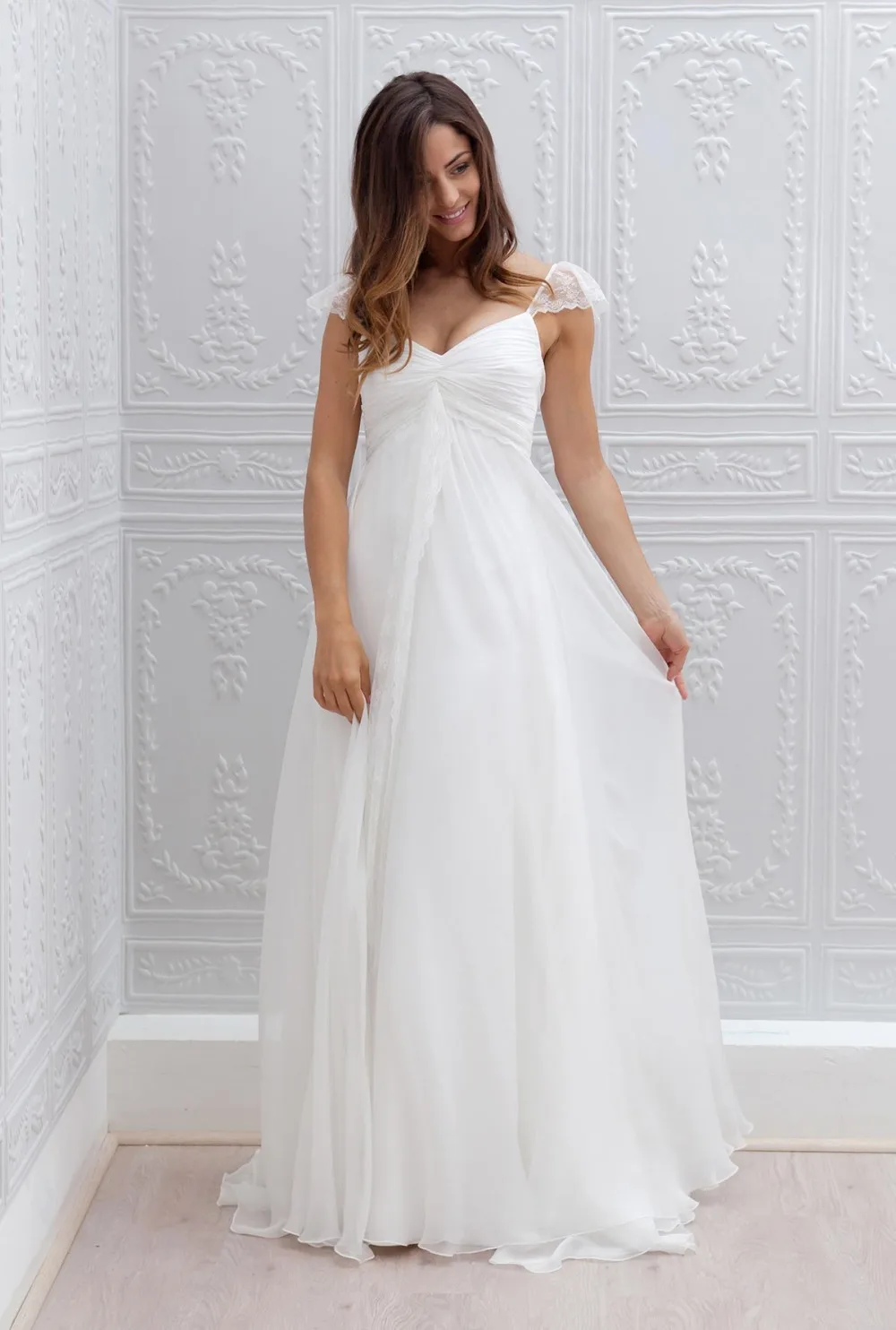 2019 New Cheap Long Cap Sleeves Lace Chiffon A line Empire