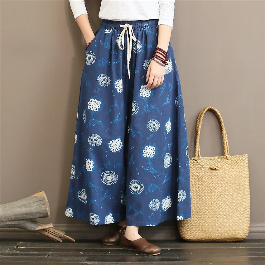 

Women Print Floral Wide Leg Pants Cotton Vintage Trouser Autumn New Pockets Loose Soft Women Full-Length Pants