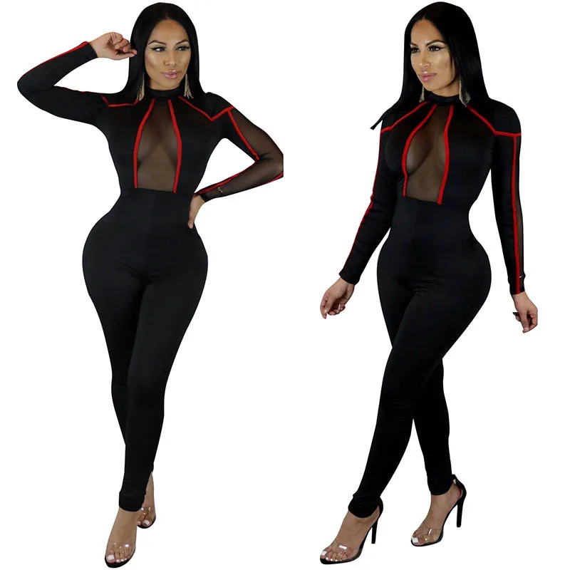 Fashion Net Yarn Splicing Turtleneck Black Jumpsuit Women Sheer Mesh Long Sleeve jumpsuit romper Bodycon Wrap Club Overall Femme (2)