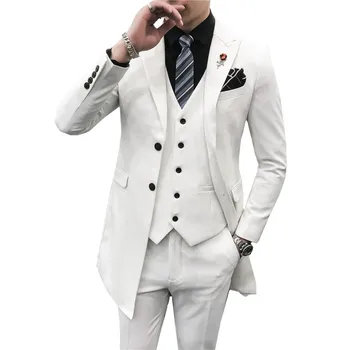 

Three Piece Long Business Casual Mens Suits Groom Wear Wedding Solid color White high quality Tuxedos (Jacket + pants + Vest )
