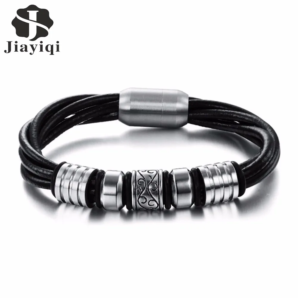 Jiayiqi 2017 Серебряные бусы из нержавеющей стали браслет черные браслеты натуральной