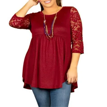 

2019 Summer Spring Women Plus Size Blouses Lace Shirt Jumper Top Solid color Blusas Femininas Large Size 5XL splice tops