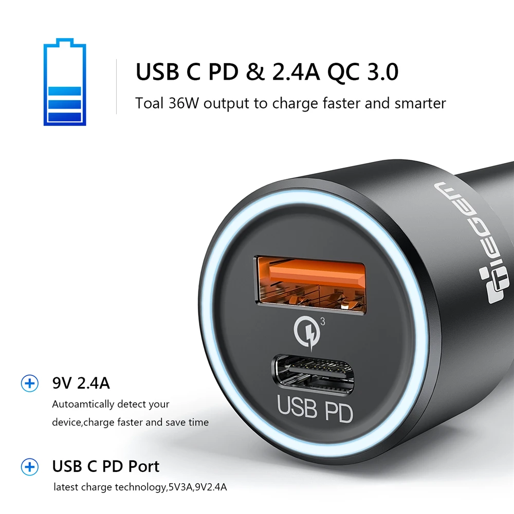 TIEGEM المزدوج USB سيارة شاحن آيفون USB نوع C PD سريعة تهمة 3.0 QC3.0 سيارة شاحن سامسونج S9 Xiaomi سوني سيارة- شاحن