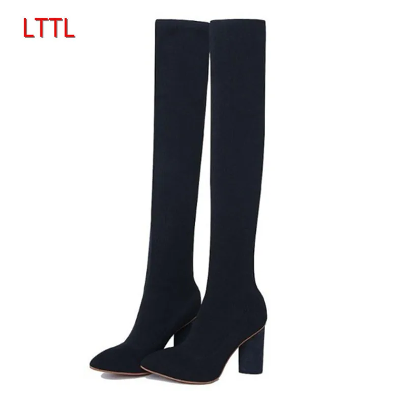 

Stretch Wool Knitted Sock Booties For Women New Arrival Chunky Heel Pointed Toe Over The Knee Boots