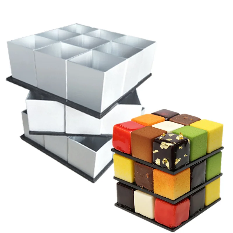 

3D Metal Cube Cake Mold Three-layer Rotation Mousse Cake Dessert Fondant Decorating Reposteria Bake Mold Tool