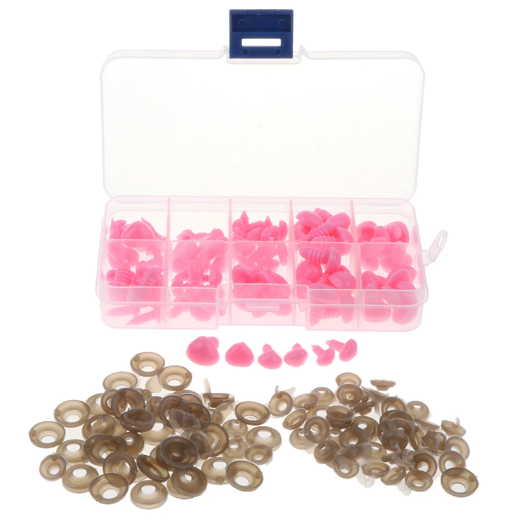 Box of 100 Pieces 7-13mm Plastic Safety Eyes Noses with Washers for Puppet Bear Doll Animal Stuffed Toys DIY Sewing Craft Pink