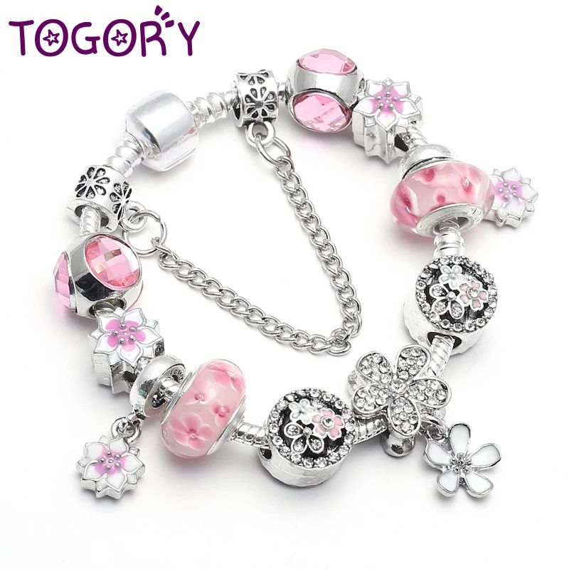 TOGORY модный розовый браслет с бусинами из кристаллов для женщин вишневые цветы Шарм Пан браслет, украшение, подарок pulseiras Mujer