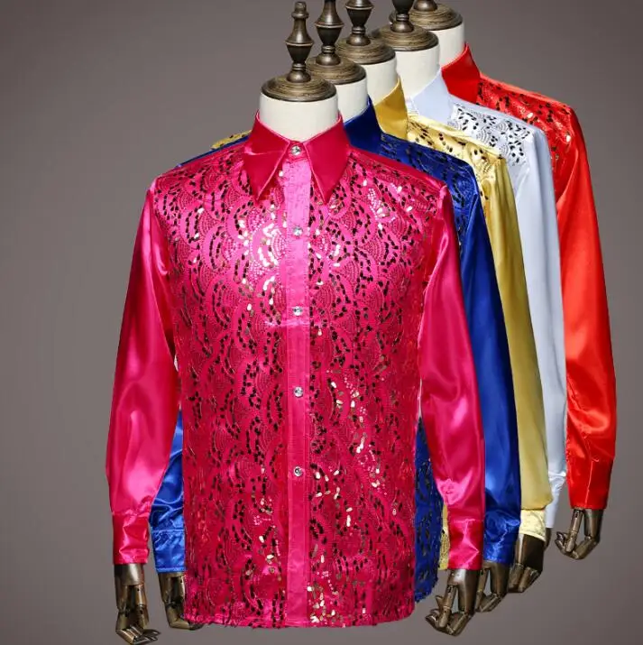 

Fashion punk slim sexy openwork shirt men long sleeve sequins shirt teenage korean shirt mens personality stage singer dance red