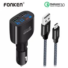 FONKEN 2 Port USB Car Charger Quick Charge 3.0 LED Display QC3.0 Car-Charger 30W 9V 2A With Fast Charging Cable for Mobile Phone