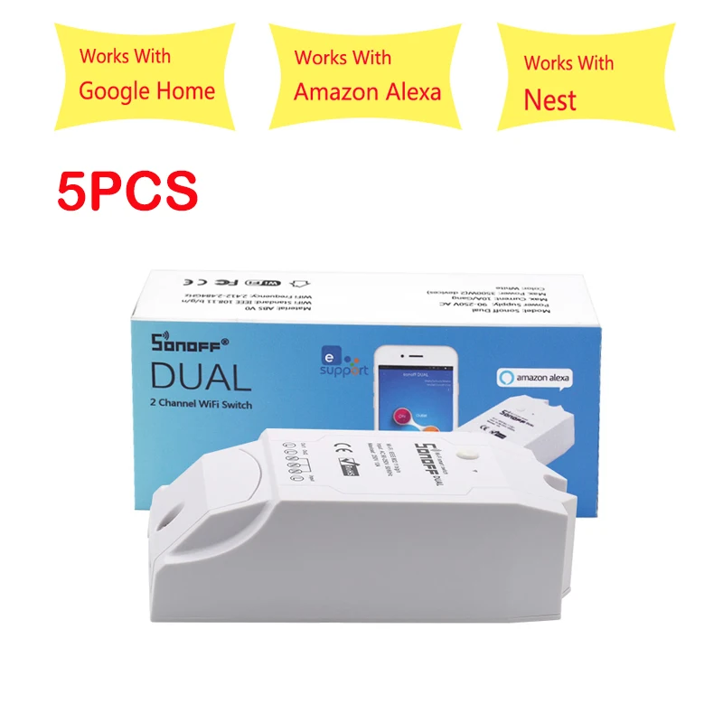 5PCS Sonoff Dual Control 2 Gang Wifi Light Switch, Sonoff Wifi Smart Switch, Smart Home Wifi Remote Controller Works With Alexa