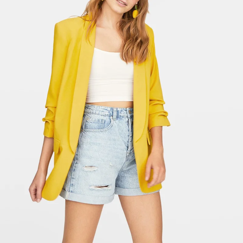 

Autumn Women's Blazer Casual Solid Color Pleated Sleeve Basis Jacket