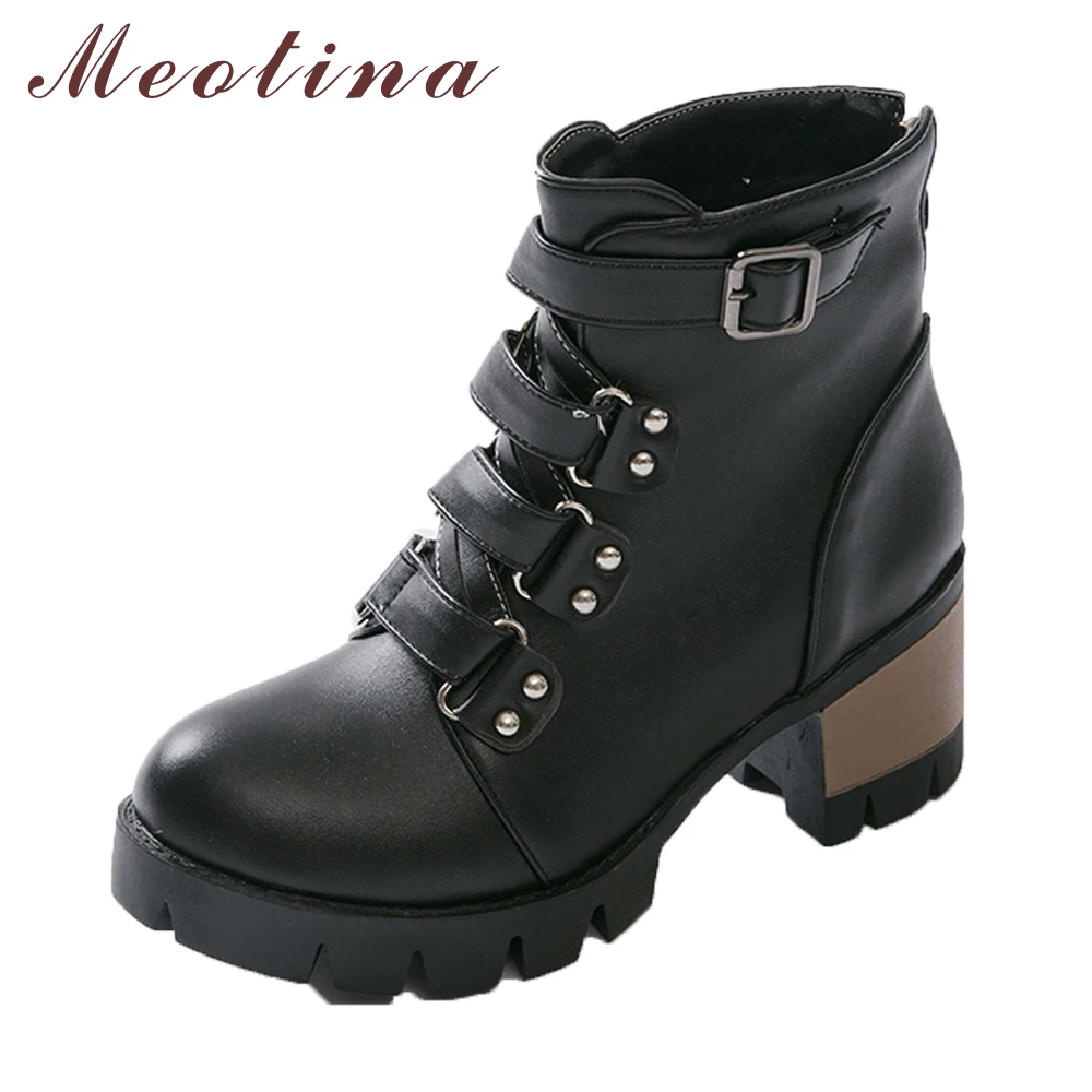 

Meotina Women Boots Ankle Boots Women Autumn Round Toe Thick High Heels Boots Large Size 9 10 Ladies Zipper Buckle Boot Shoes