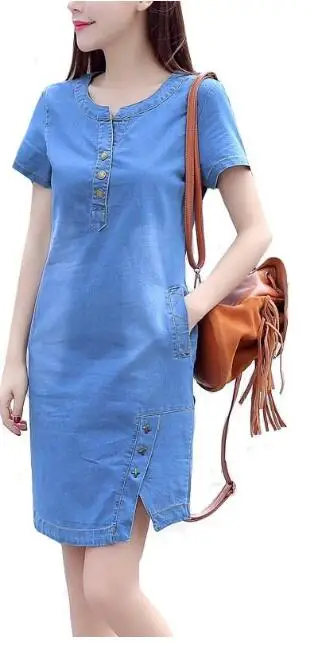 

Korean denim dress for women 2019 new summer casual jeans dress with pocket slim Short sleeve Vintage denim dress plus size 3XL
