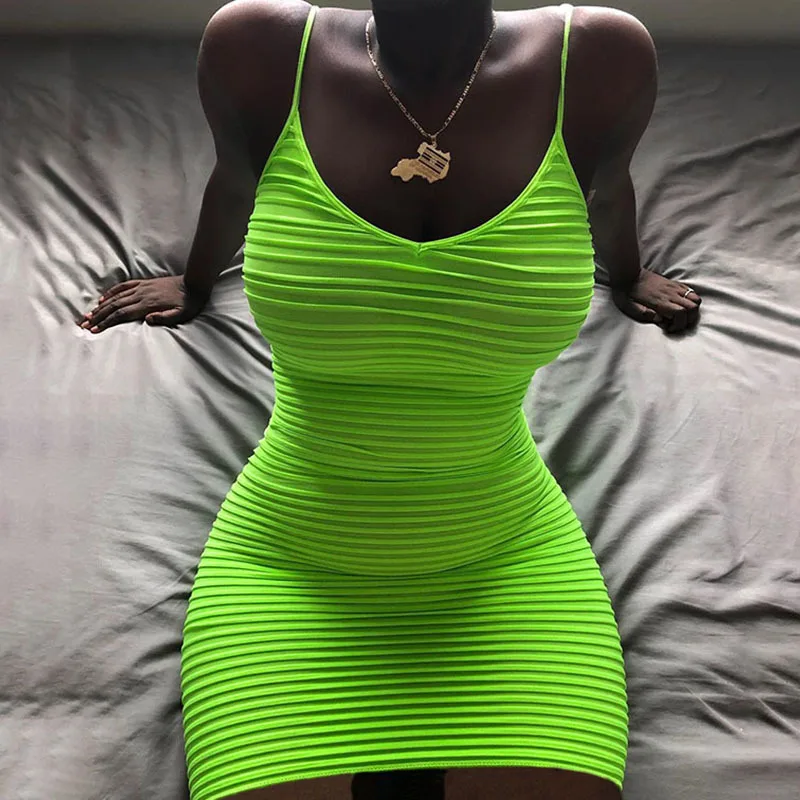 

Neon Green Fashion Ruched Spaghetti Strap Women's Dress Bodycon Summer Sexy Sleeveless Mini Dresses Party Club