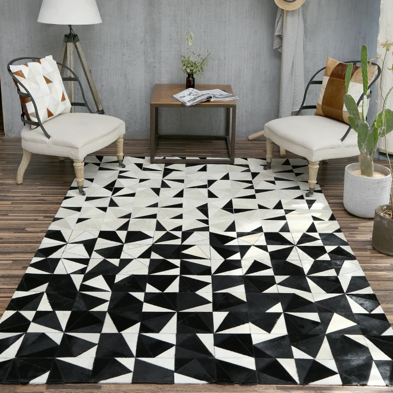 Nordic style luxury cowhide seamed carpet, natural cow skin fur carpet