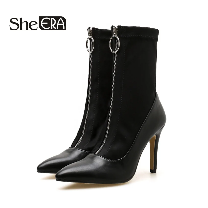 

New Basic Women Boots Zipper Mid-Calf Boots High heels Fashion Pointed toe Ladies Sexy Chelsea Boots Zapatos de mujer