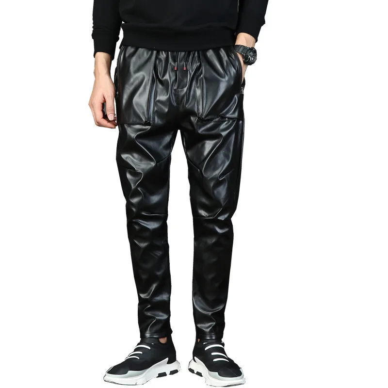 Мужские панк мото искусственная кожаные брюки, мужские шаровары с заниженным шаговым швом, брюки для уличных танцев DJ, тонкие джоггеры с кулиской, брюки для ночного клуба 71006