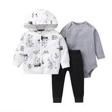 Куртка с капюшоном и длинными рукавами+ серый боди+ штаны, черный комплект одежды для маленьких мальчиков осенняя одежда г. Комплект для новорожденных, модный принт для маленьких девочек