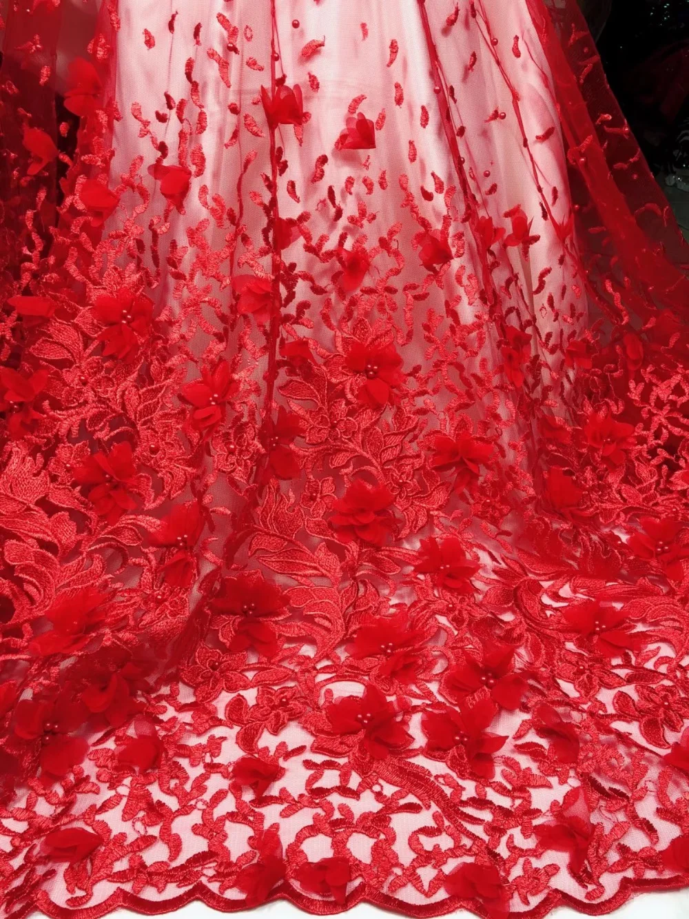 

2019 Red Applique Embroidery mesh tulLe lace fabric 5yards flower beads african lace fabrics wholesale for wedding party dress