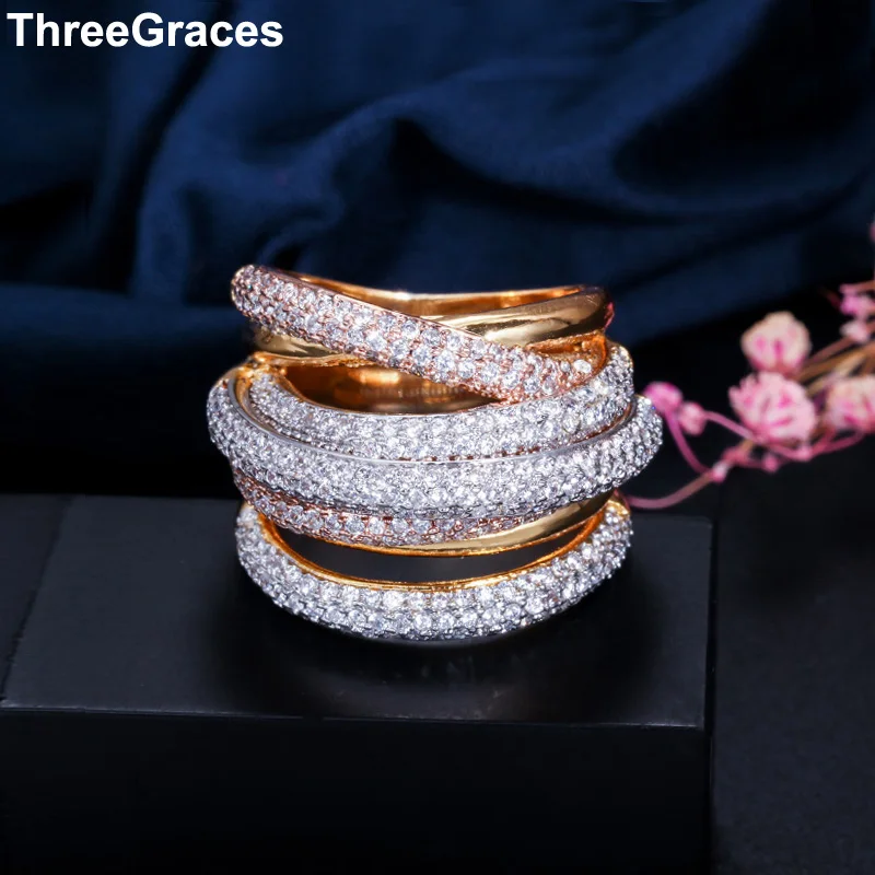 

ThreeGraces Luxury Multi Silver and Rose Gold Color Dubai CZ Stone Setting Irregular Round Cocktail Party Rings for Women RG014