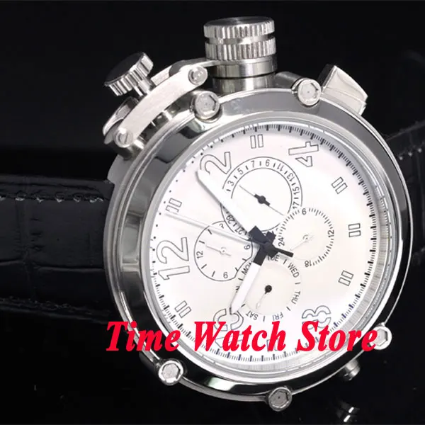 

Parnis 50mm white dial date week display multifunction black leather strap Automatic movement men's watch P3