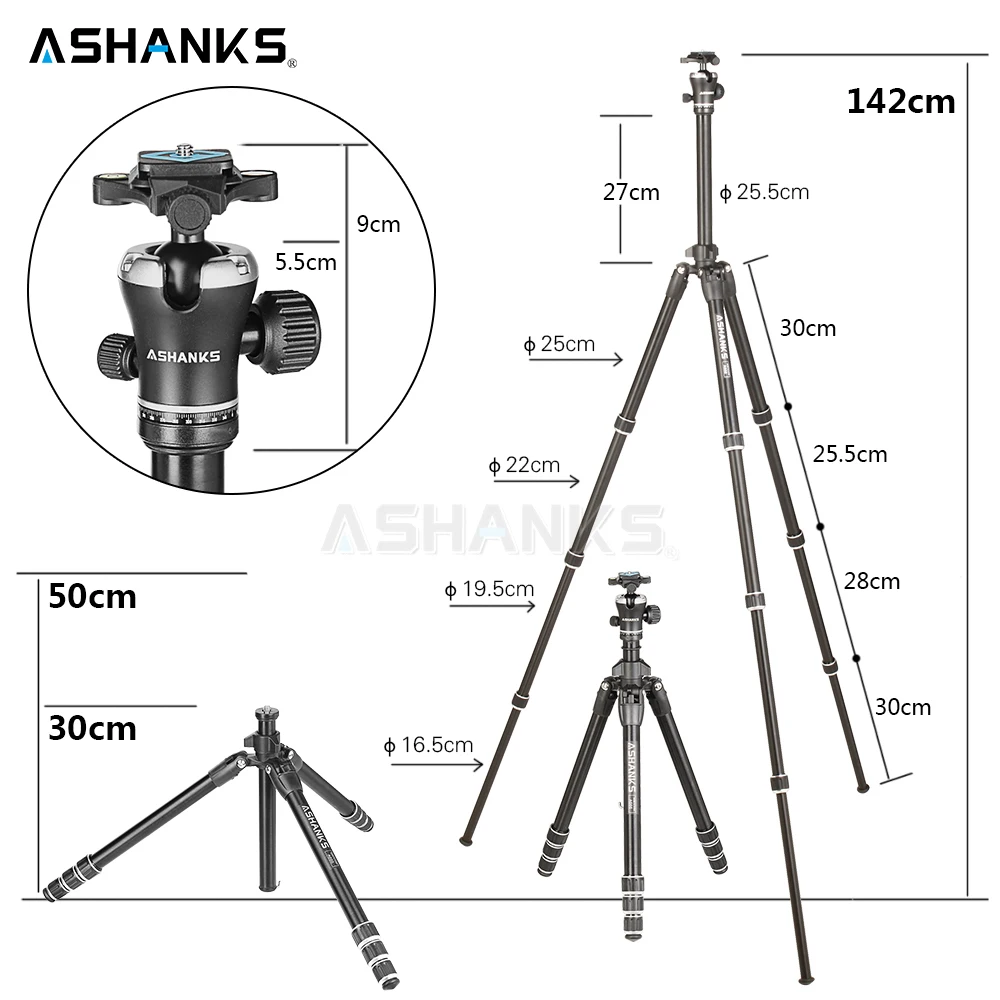 ASHANKS A666 штатив-Трипод для камеры 55,9 ''/142 см профессиональная видеокамера для путешествий, Трипод с алюминиевой шаровой головкой, компактный для цифровой SLR DSLR