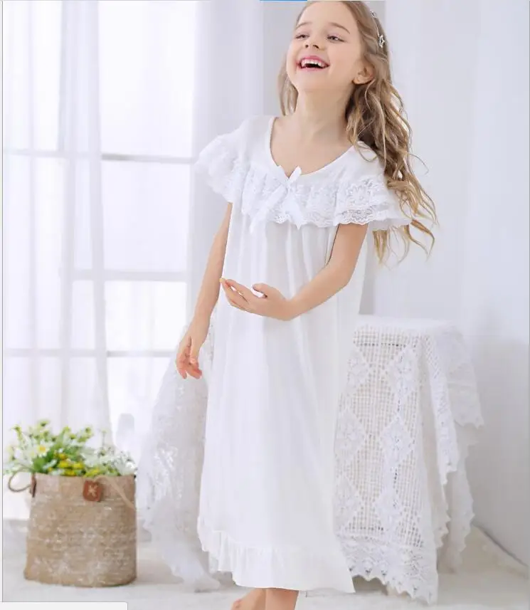 Летняя детская одежда для сна белое кружевное платье принцессы с вышивкой хлопковая ночная рубашка для девочек без рукавов европейские детские ночные рубашки