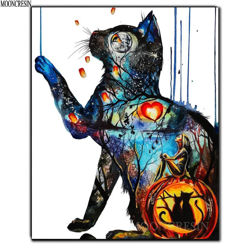 

5D DIY Diamond Embroidery Woman Looking Up At Colored Cat Diamond Painting Cross Stitch Square Diamond Mosaic Decoration Animals