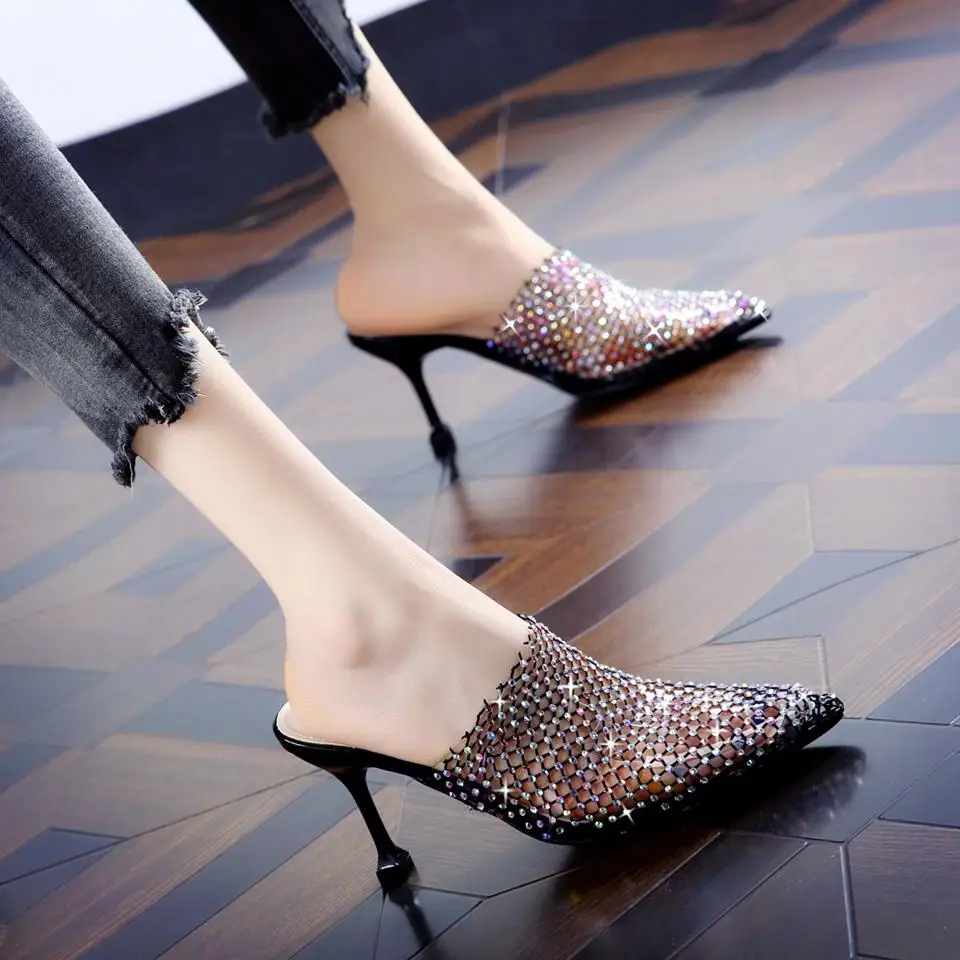 

Sexy Thin High Heels Women Slippers Party Crystal Mesh Pointed Toe Mules Shoes Summer Female Slides Black Pink