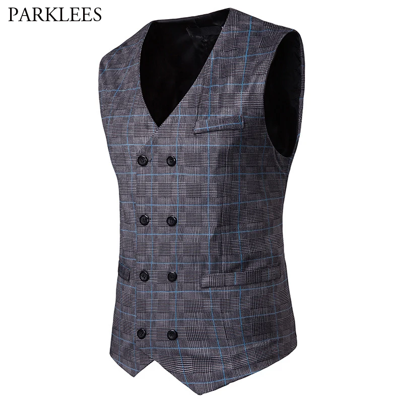 

Men's Business Casual Plaid Checked Suit Vest 2019 Brand New Slim Fit Double Breasted Waist Coat for Men Chalecos Para Hombre