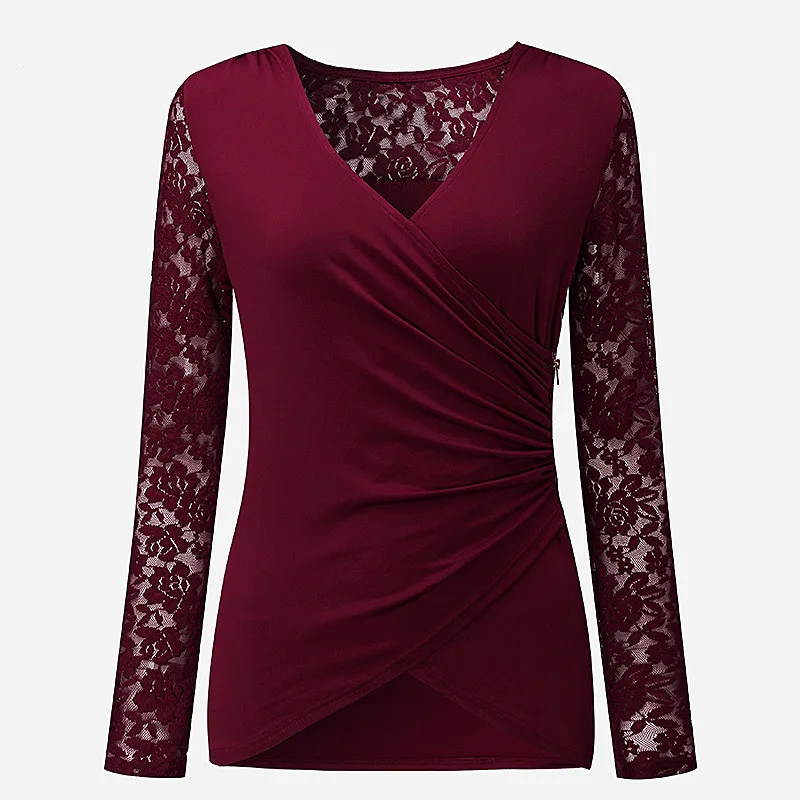 Sexy Black Lace Otoño Shirt Asimétrica Side Cuello Mujeres Casual Tops V 2018 wine Slim grey Zipper Larga Manga Blue Red Fold De Solid Blusas XFdXxwnqH