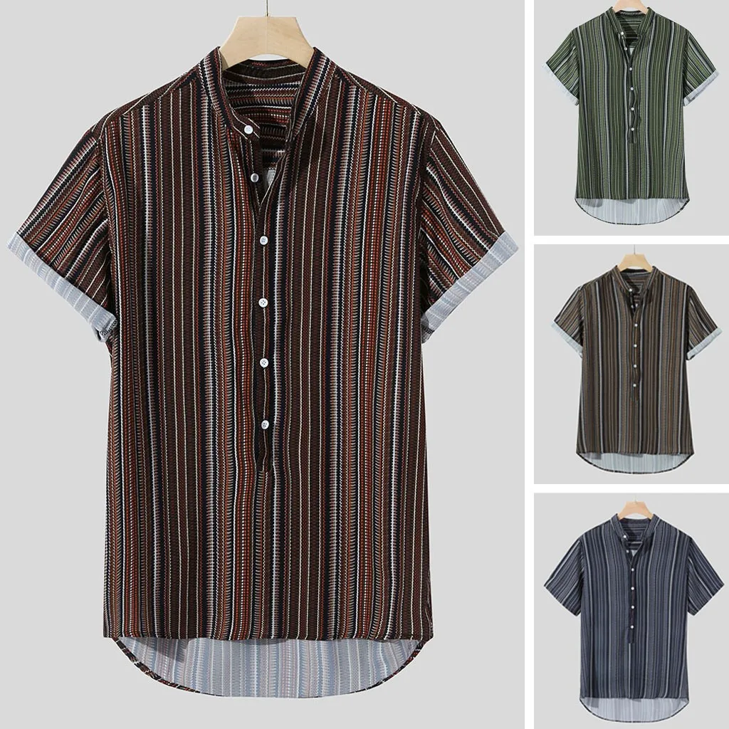 

2019 Summer Men Striped Buttons Fly Breathable Short Sleeve Casual Shirts M-3XL hawaiian camisa masculina camisas hombre