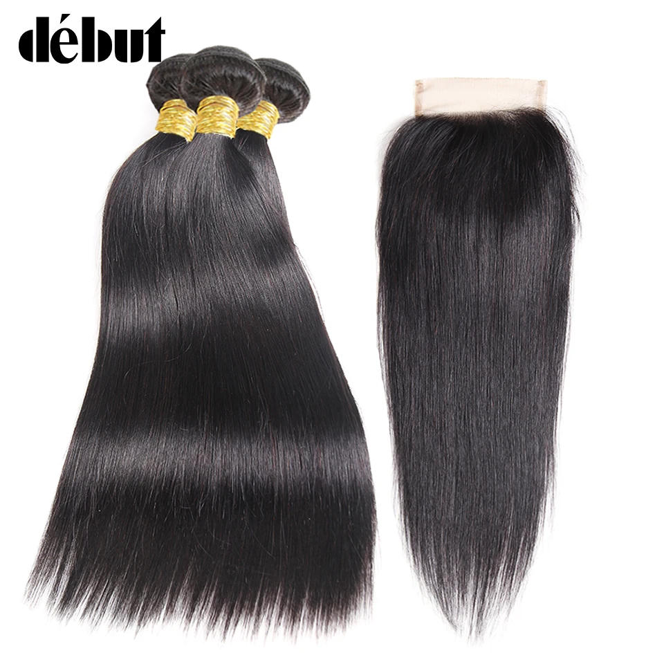 Debut Straight Hair Bundles With Closure Peruvian Hair 4 Bundles With Lace Closure 4*4 Non Remy Human Hair Bundles With Closure