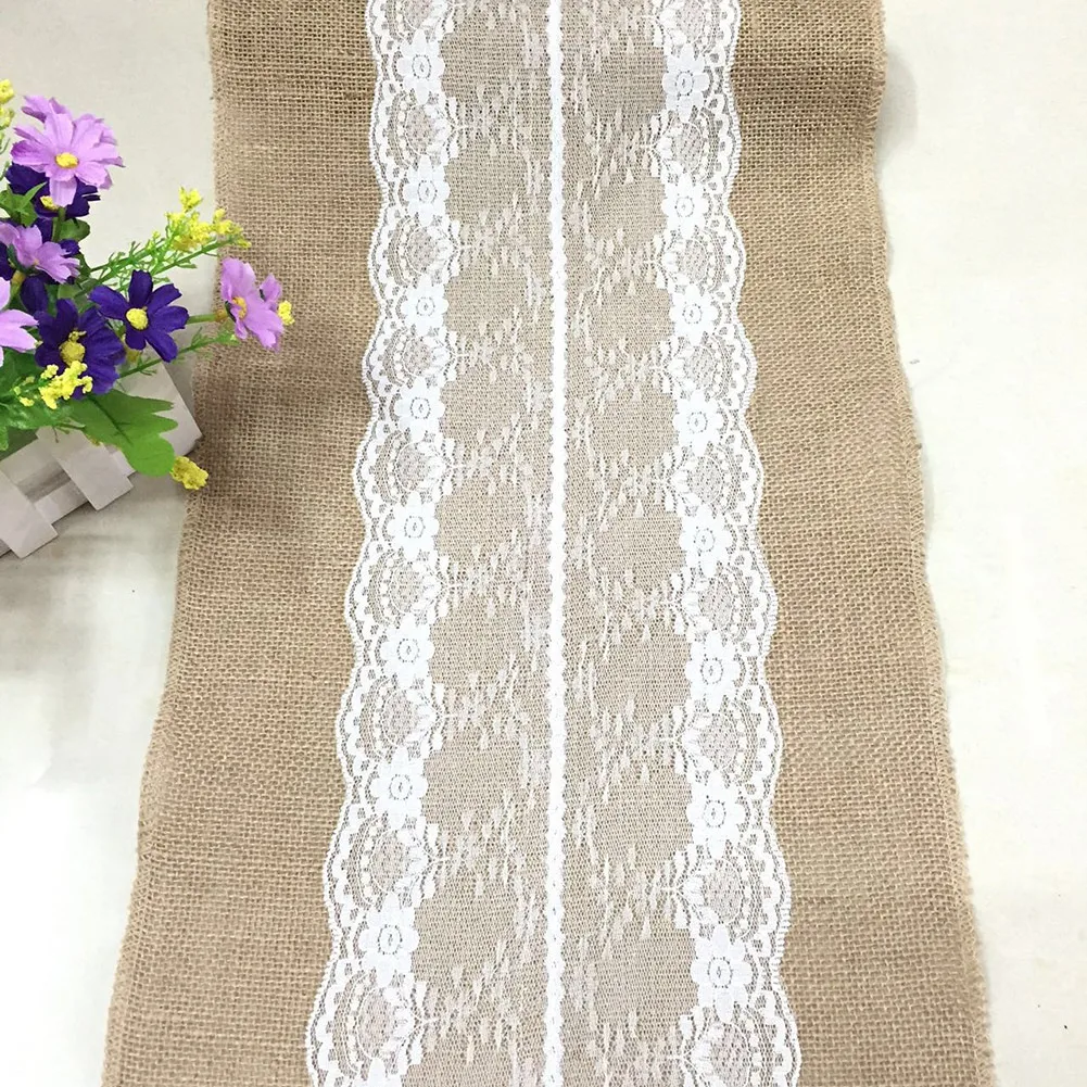 Vintage Burlap Jute Linen Table Runner Lace Cloth Dinning Room Table Gadget Home Decor Accessory E2S - Цвет: 30x275cm