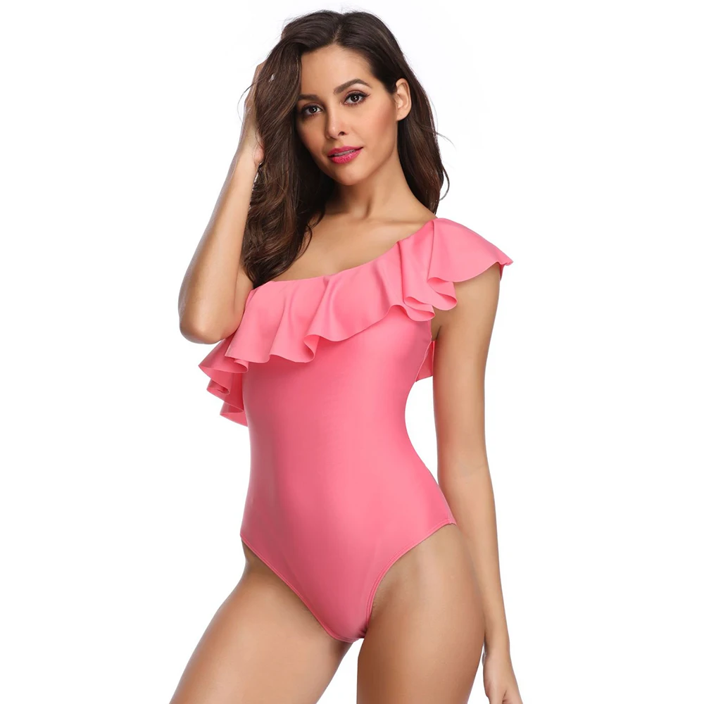Розовый женский купальник, новинка, купальник для женщин, Одноцветный, сексуальный, с оборками, Цельный купальник, купальный костюм, купальник, пляжная одежда