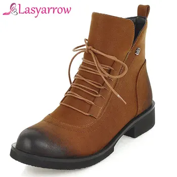 

Lasyarrow Women's Ankle Boots For Women Fashion Retro Autumn Winter Boots Martin Bota Lace Up Low Heels Casual Short Boots F369