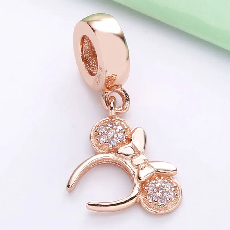

New 925 Sterling Silver Charm Rose Gold Minnie Headband With Crystal Pendant Beads Fit Pandora Bracelet Bangle Diy Jewelry