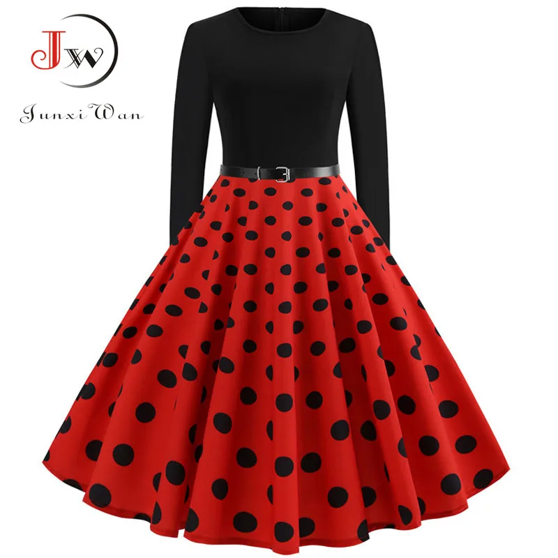 

Red Dot Elegant Party Dresses Women Long Sleeve Winter Dress Big Swing Rockabilly Vintage Dress Plus Size Casual Christmas Robe